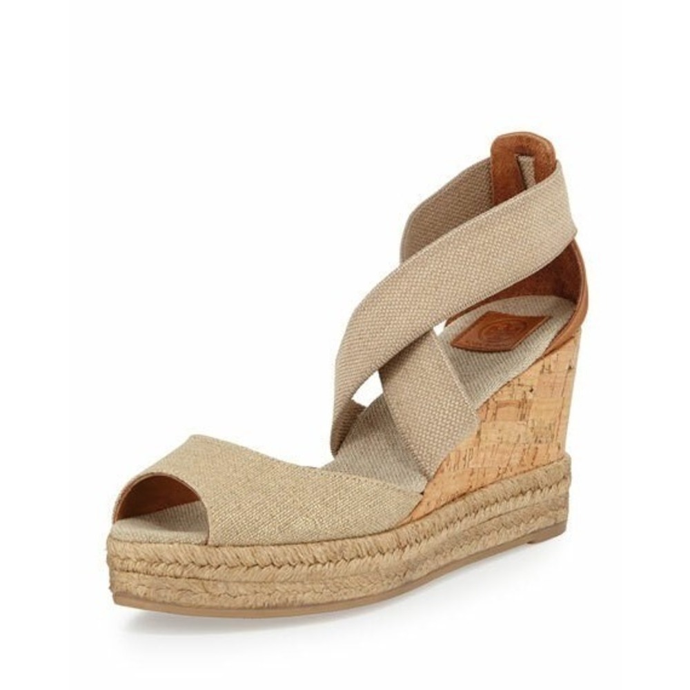 Tory Burch Natanya Espadrille Wedges Women Sz 7 Beige Linen Cork Sandal Spain